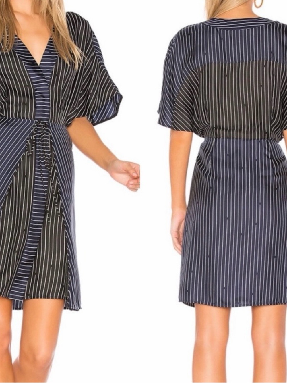 Diane Von Furstenberg Black m, Blue and White Striped V-Neck Dress